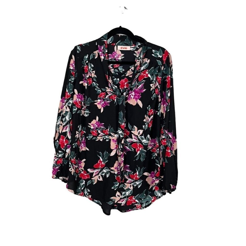 Colorful Floral Top 14W Black Tropical Resort Boho Preppy Cottage Festival 80s
